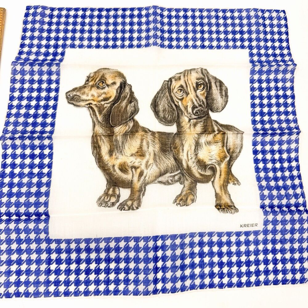 Vintage 1950s Kreier Dachshund Dog Pocket Square Houndstooth Cotton Hankie